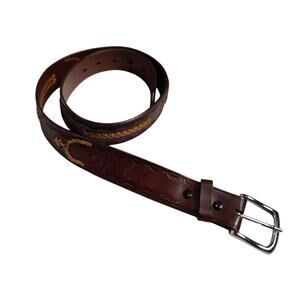 Handmade Mexico Brown Tooled Leather Belt Sz 34 Weaving Western Cowboy Buckle